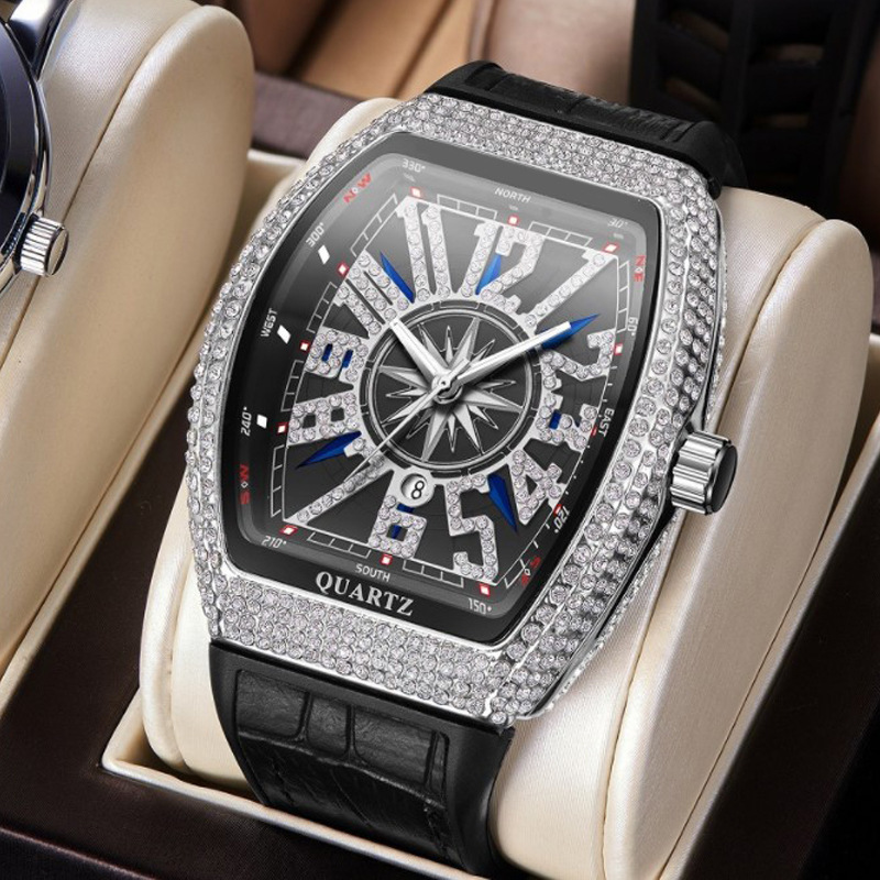 Men's Watch Foreign Trade Barrel Watch Simple Watch Belt Yacht Diamond Retro Quartz Watch