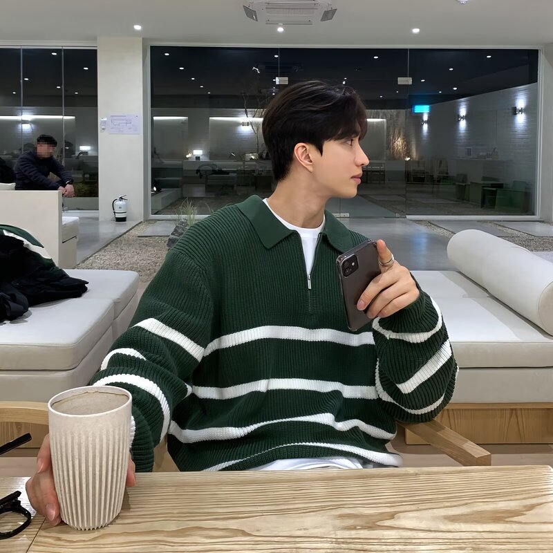 Factory Direct Sales Spring & Fall New Trendy Brand Stripesd Long-Sleeved Polo Shirt Men's American Retro Loose Half-Zip Sweater