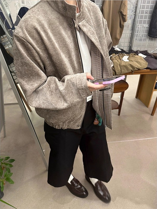老钱风千鸟格cleanfit立领夹克男款2025春秋季肌理感宽松休闲外套|undefined