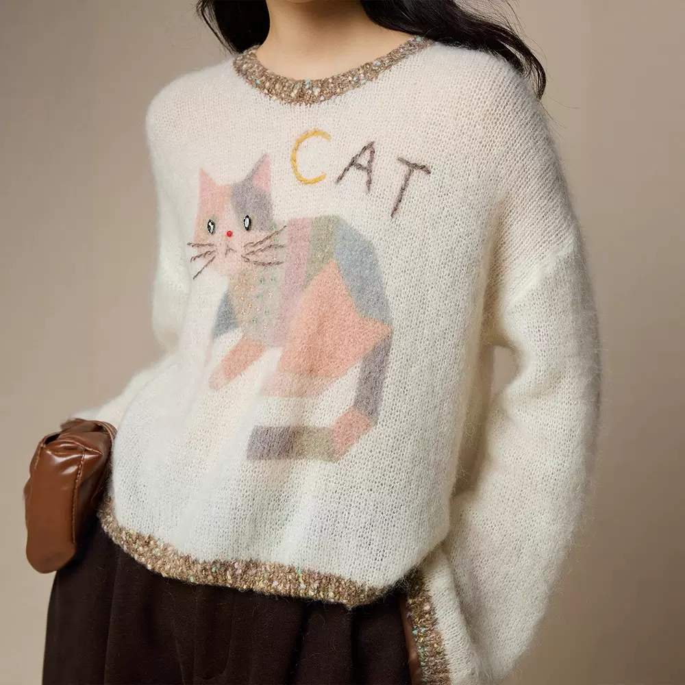 【小花猫】印染马海毛毛衣针织衫25新款早秋女装韩系减龄羊毛上衣