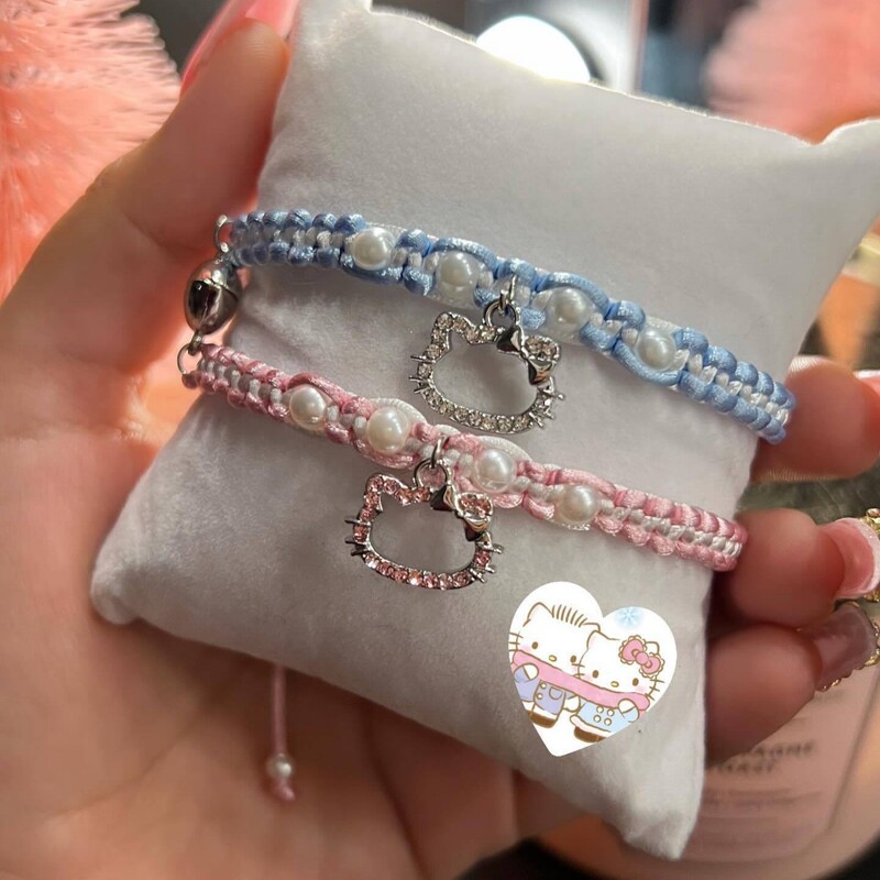 Cross-border new pink crystal Kitty cat woven hand rope love magnetic matching elastic couple friendship bracelet Cross-border new pink crystal Kitty cat woven hand rope love magnetic matching elastic couple friendship bracelet