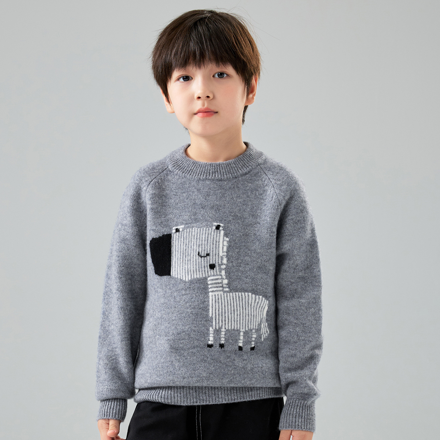 Autumn and winter children's 100% pure wool knitted sweater, pony jacquard pullover sweater, boys' and girls' cashmere thermal underwear