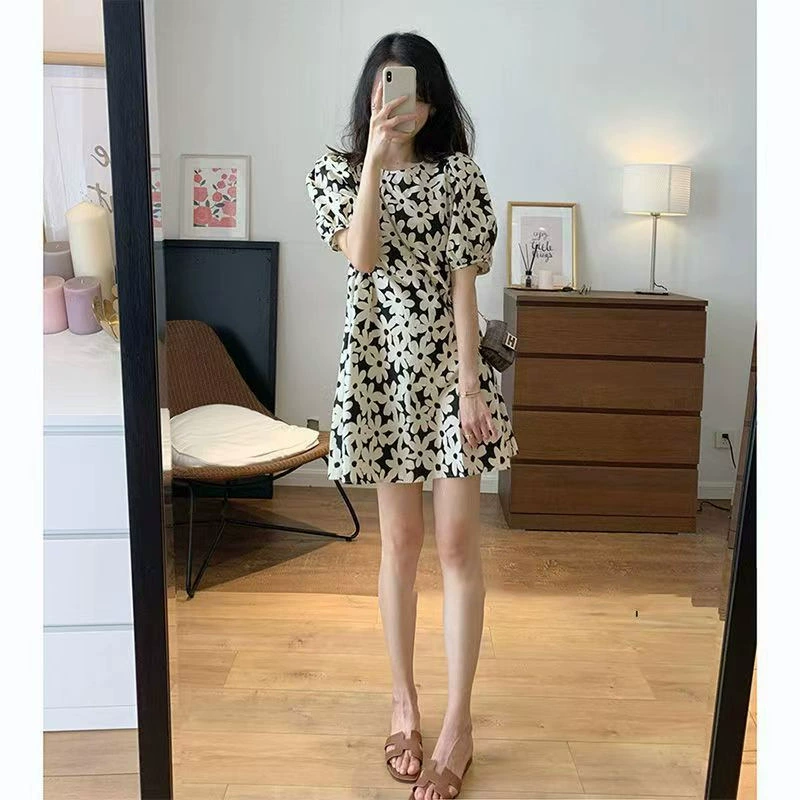 Женское летнее платье с принтом в стиле ретро, новая французская Милая свободная стройнящая юбка A-Line с пышными рукавами в стиле ins Fashion