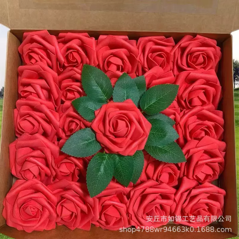跨境爆款8CM仿真玫瑰花 礼盒装加叶子25朵盒装插花 家居花艺装饰