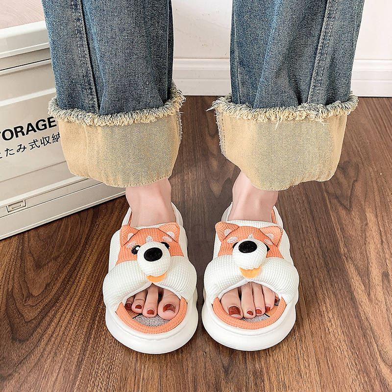 Cute Linen Slippers Women's Summer Indoor Household Non-slip Sweat Absorbing Cotton Linen Corgi Four-season Slippers Spring and Autumn