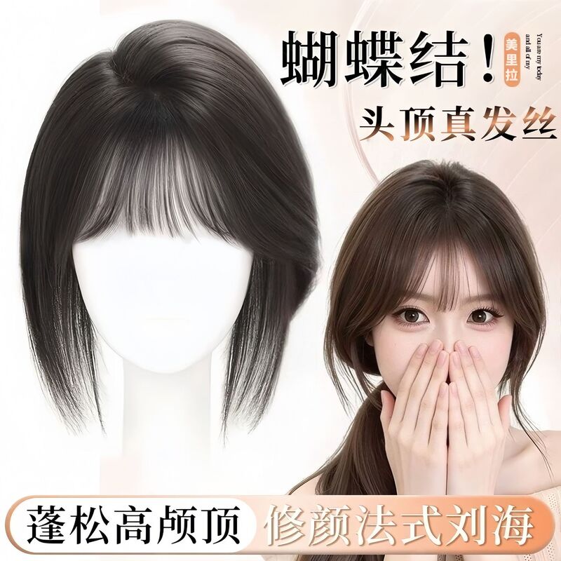 Fake Bangs Hairpiece for the Top of the Head, Fluffy and Volume-Enhancing, Middle-Parted Wig Mixed with Real Hair, Covers Gray Hair, Natural Forehead Bangs Piece