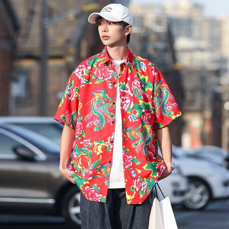 Chinese Style Ethnic Characteristics Northeast Big Flower Short-sleeved Shirt plus size Peony Rural Performance Coat Color Mid-sleeved Shirt