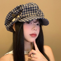 纽扣格子贝雷帽女秋冬季韩版百搭显脸小云朵八角帽大头围画家帽子