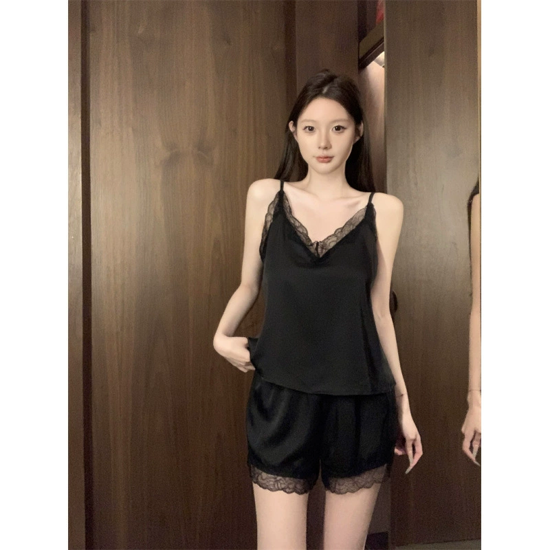 Реальный выстрел реальная цена камзол жилет пижама кружева сексуальная чистая пижама V-образный ледяной шелк набор женщина