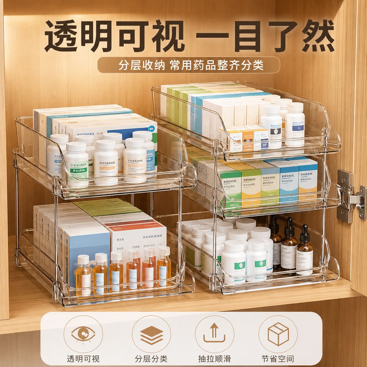 药物收纳盒抽拉式家庭医药箱药柜整理急救输液药盒家用药品分层架