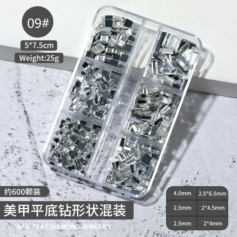 Cross-border Especial 6-grid Caja Mixta joyería de uñas transparente cuadrado plano espejo de diamante en forma especial Aurora uñas Rhinestone