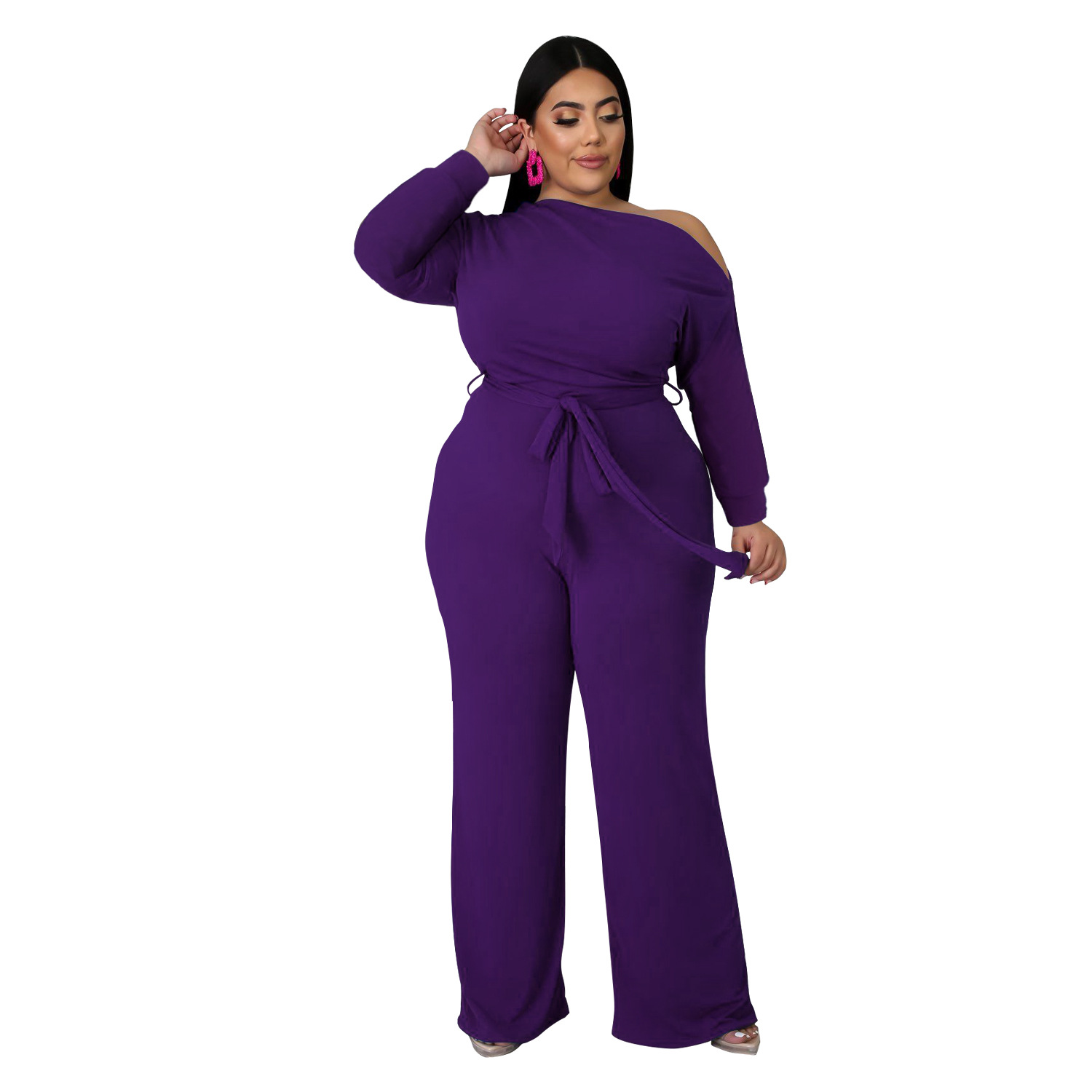 women s plus size solid color strappy shoulder T-shirt flared pants suit nihaostyles clothing wholesale NSBMF80099