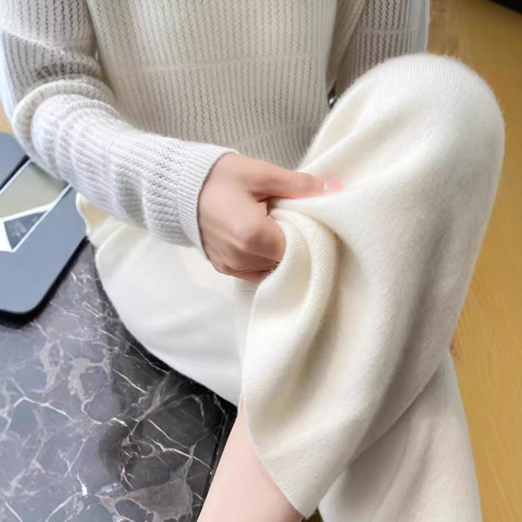 White Pure Wool Knit Wide-Leg Pants Straight Pants for Women Autumn and Winter Thickened Slimming High-Waisted Drapey Outerwear Floor-Length Pants