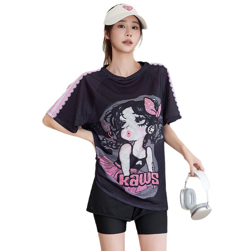 Traje de Baño de Tres Piezas Talla Grande Manga Larga, Poliéster y Spandex, Estampado, Sin Aros, para Natación