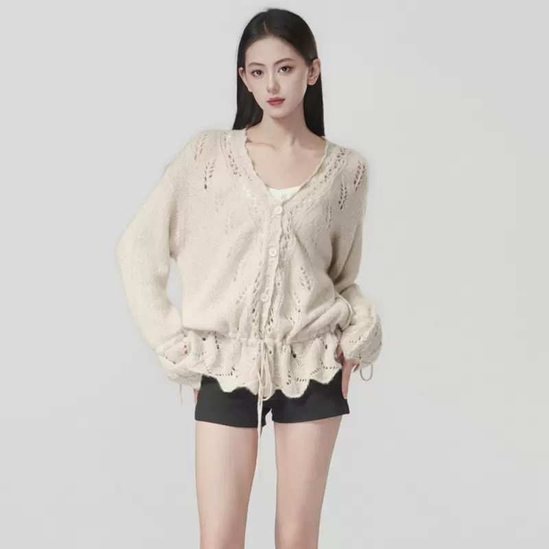 温柔抽绳钩花毛衣小衫2025秋季新款马海毛宽松慵懒镂空针织外套女