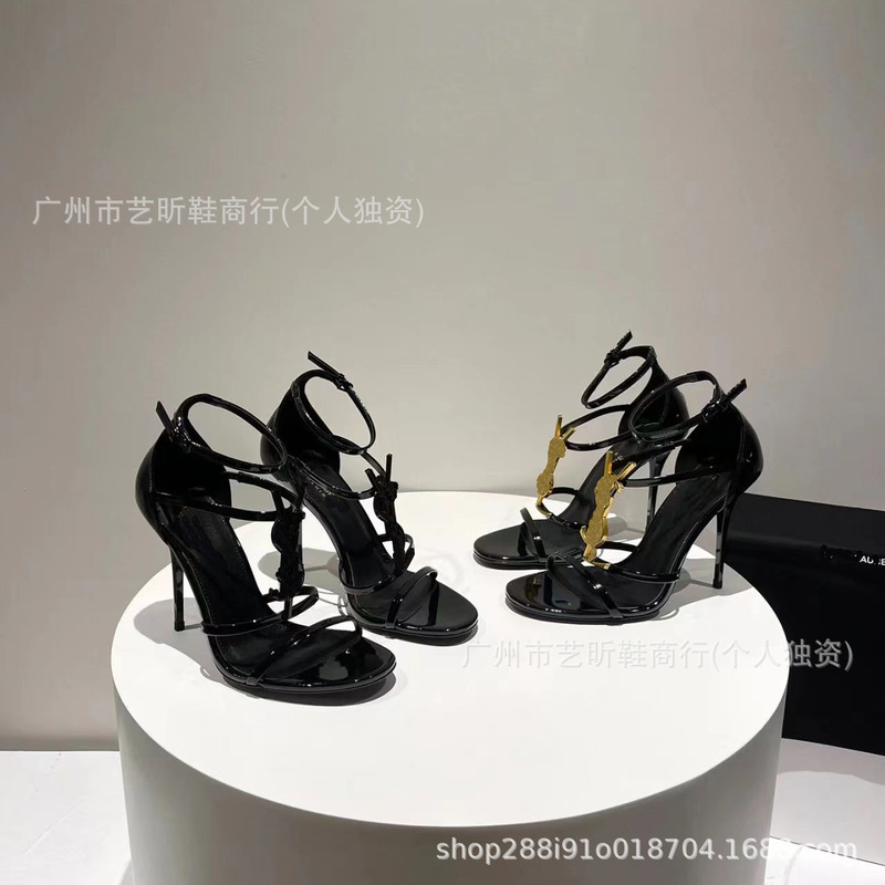 Women's 2024 Summer New Sexy All-match Sandals Stiletto Heel Open Toe Black High-heeled Pumps Patent Leather