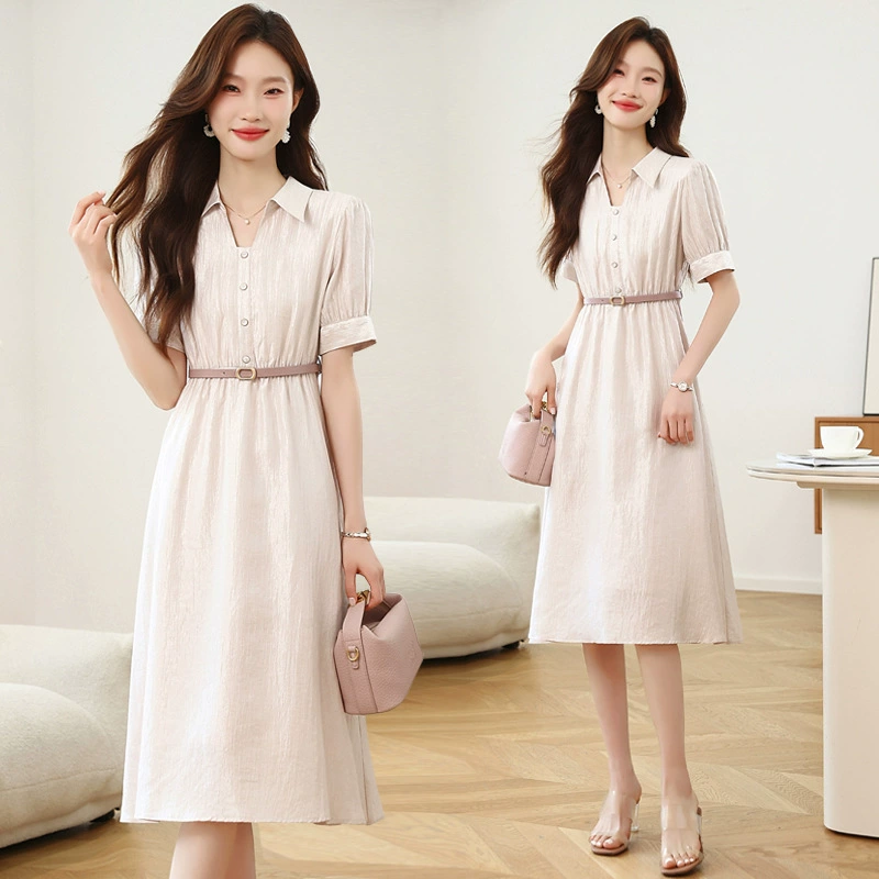 Настоящая фотография элегантного платья-юбки-стримера, новинка лета 2025 года, французская юбка-трапеция средней длины с короткими рукавами