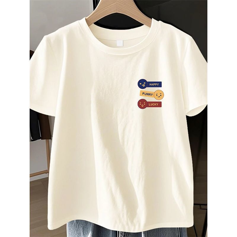 2026 Summer New Beige Pure Cotton Short-Sleeve T-Shirt for Women, Fashionable Loose Fit Versatile Top for Petite Sizes