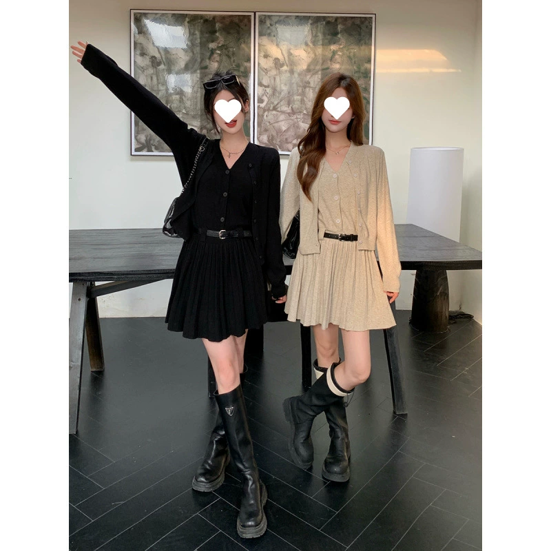 Настоящее фото женского осеннего высококачественного вязаного кардигана на подтяжках, комплект из двух предметов для полных девушек, чтобы выглядеть стройными