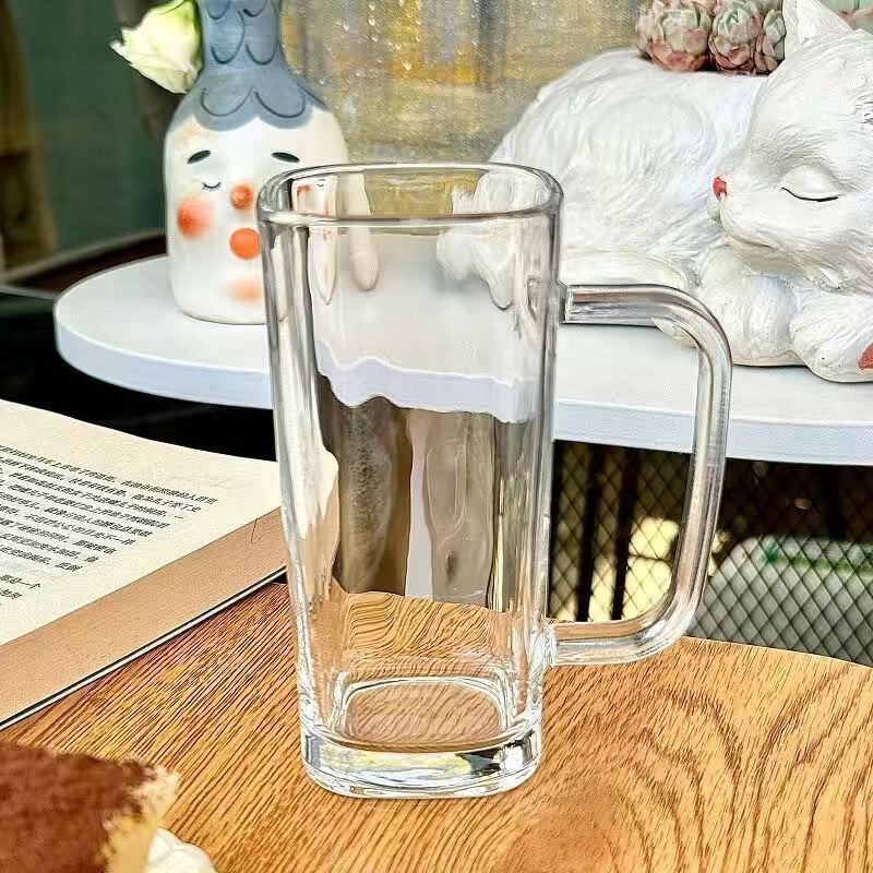 透明带把手玻璃水杯高颜值女夏季果汁饮料杯条纹带盖吸管杯子|undefined