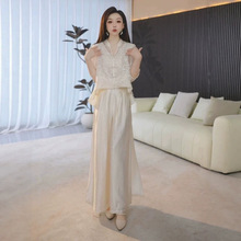 气质国风拼接刺绣女2026夏新款女士百搭修身显瘦减龄阔腿裤两件套