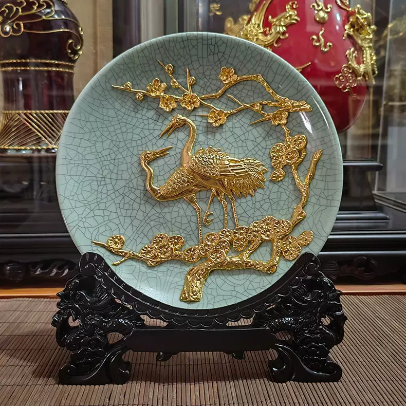 特色漆线雕松鹤延年陶瓷摆件按需求定制可盘子上做公司标志