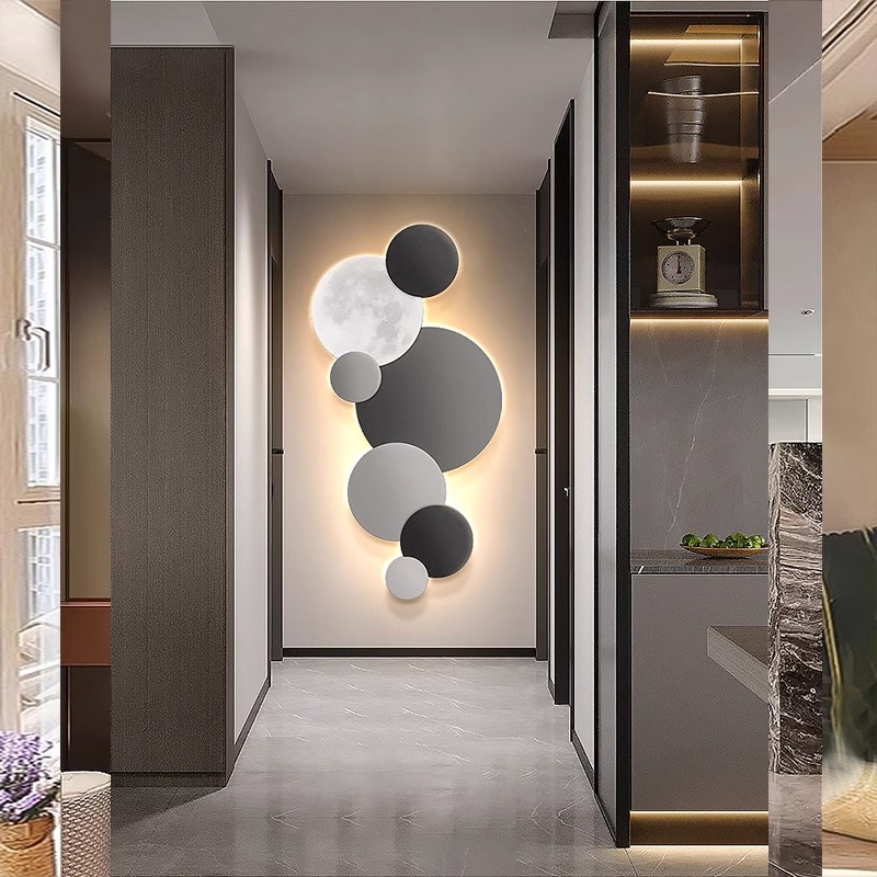 Modern Light Luxury Hallway Decorative Painting Vertical LED Lamp Mural Advanced Sense Corridor Hallway Hanging Painting Moon Round Painting