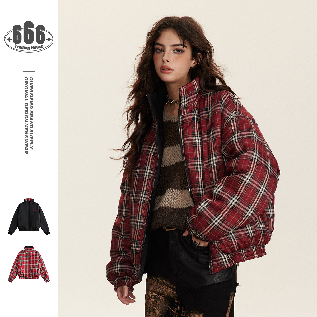 Herrenbekleidung Retro-Karierter Baumwollmantel Paar Wintermantel Männer und Frauen doppelseitiger Baumwollmantel mit Stehkragen_voghion.com