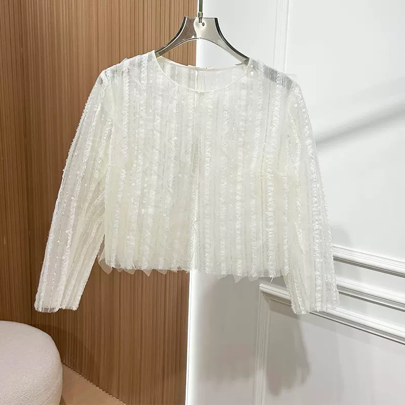 2025秋新款重工亮片拼接网纱刺绣重工蕾丝上衣高腰长袖圆领衬衣女