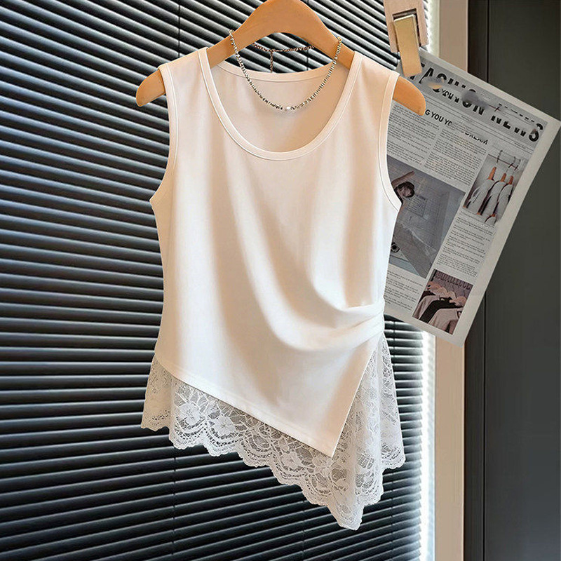 White T-Shirt Women's Tank Top 2026 New Summer Irregular Lace Splicing Drawstring Niche Design Ins-Style Top