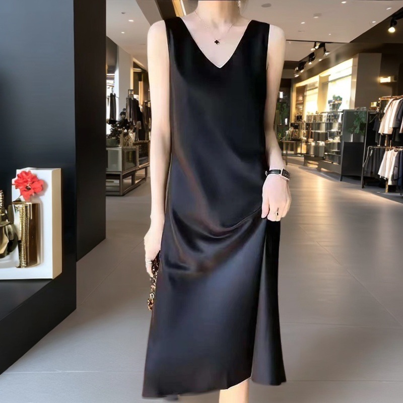 Solid color black long summer slip dress sleevless
