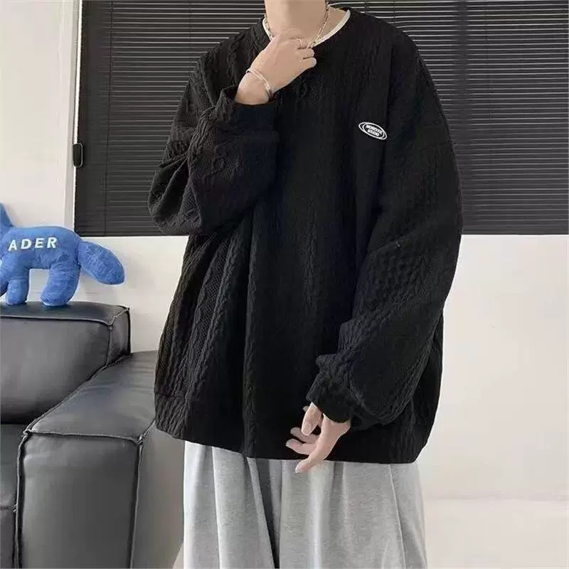 Гонконгский ветер с круглым вырезом прилив мужской повседневный дикий свитер осенний жаккардовый спортивный футболка с длинными рукавами дизайн мужской одежды