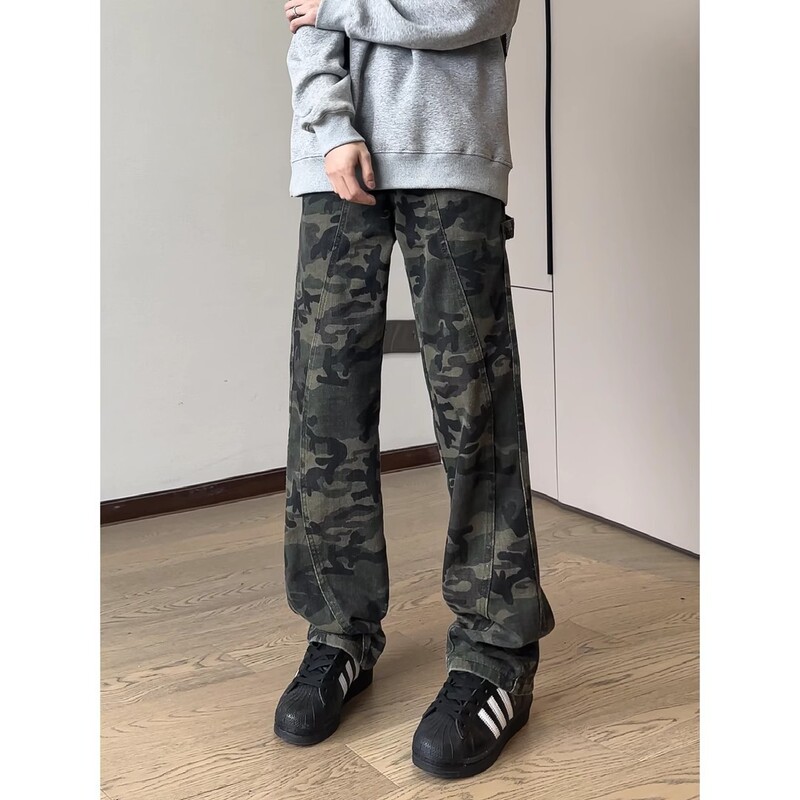 American Camouflage Pants Workwear Jeans for Men and Women Spring and Autumn High Street Lumberjack Pants Loose Straight Wide-Leg Trousers