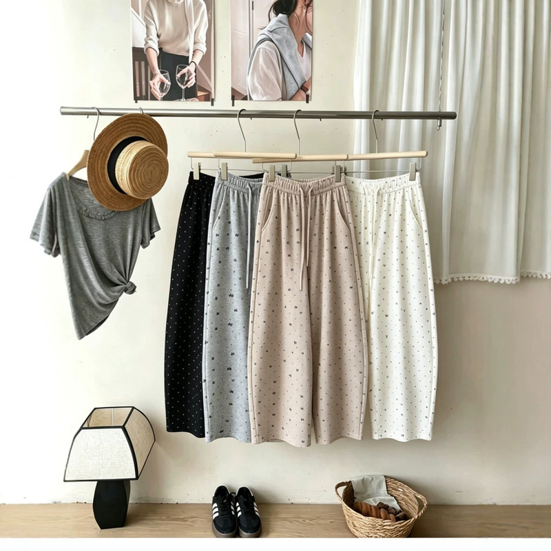 Fashionable casual loose versatile high-waisted cute student wide-leg pants 2026 autumn polka dot soft cropped pants