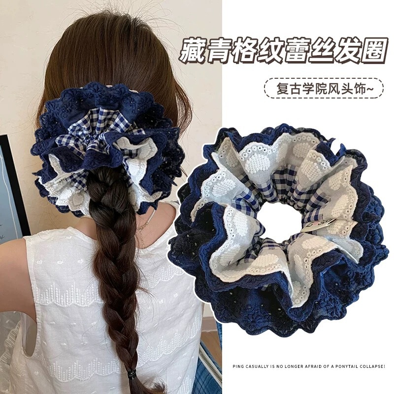韩系藏青格纹蕾丝大肠发圈女复古扎低马尾丸子丸发绳气质头花发饰|undefined