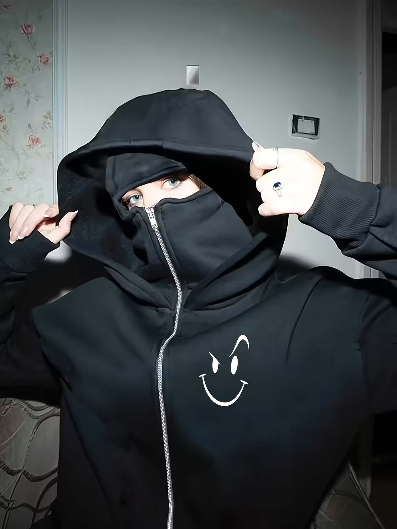 Women's Clothing Fleece Lined Hooded Cardigan Coat Smiley Face Print Double Layer Casual Style Autumn Winter Fashion_ecoleips.com