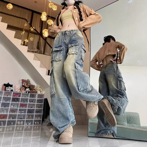 Fat MM large size women's retro denim jeans with multi-pocket design, unique style, American wide-leg loose work pants
