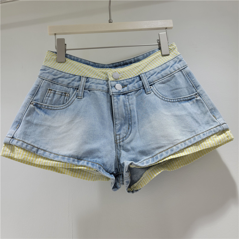Pantalones Cortos de Mezclilla para Mujer de Mezclilla, Diseño Empalmado, Bolsillos