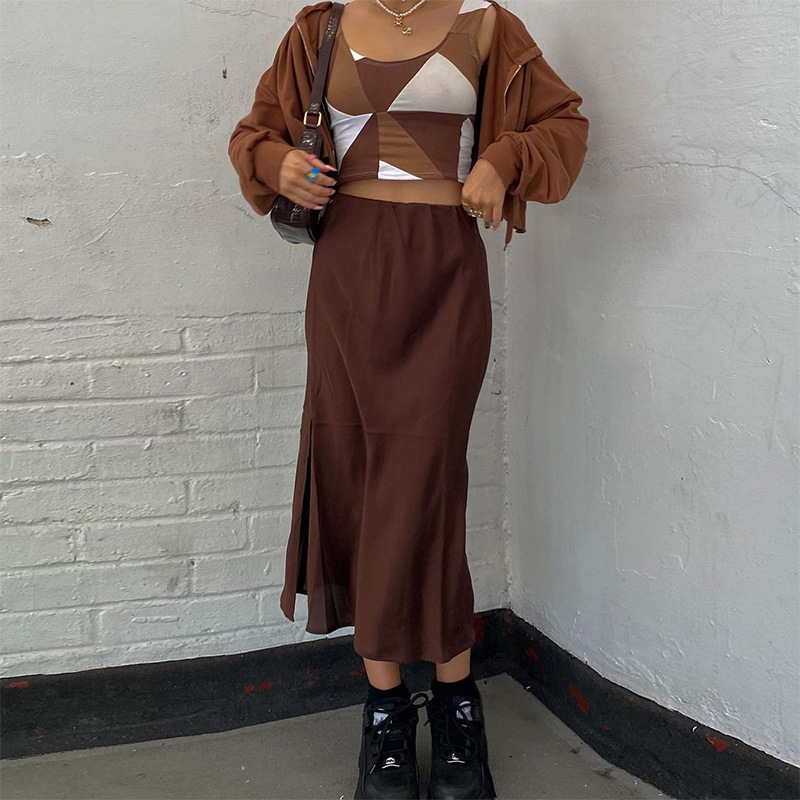 retro brown slit thin half-length long skirt NSLQ37955