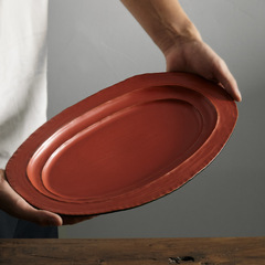 PK7J wholesale playthings art ceramic tableware irregular oval plate long plate salad plate sushi plate red 