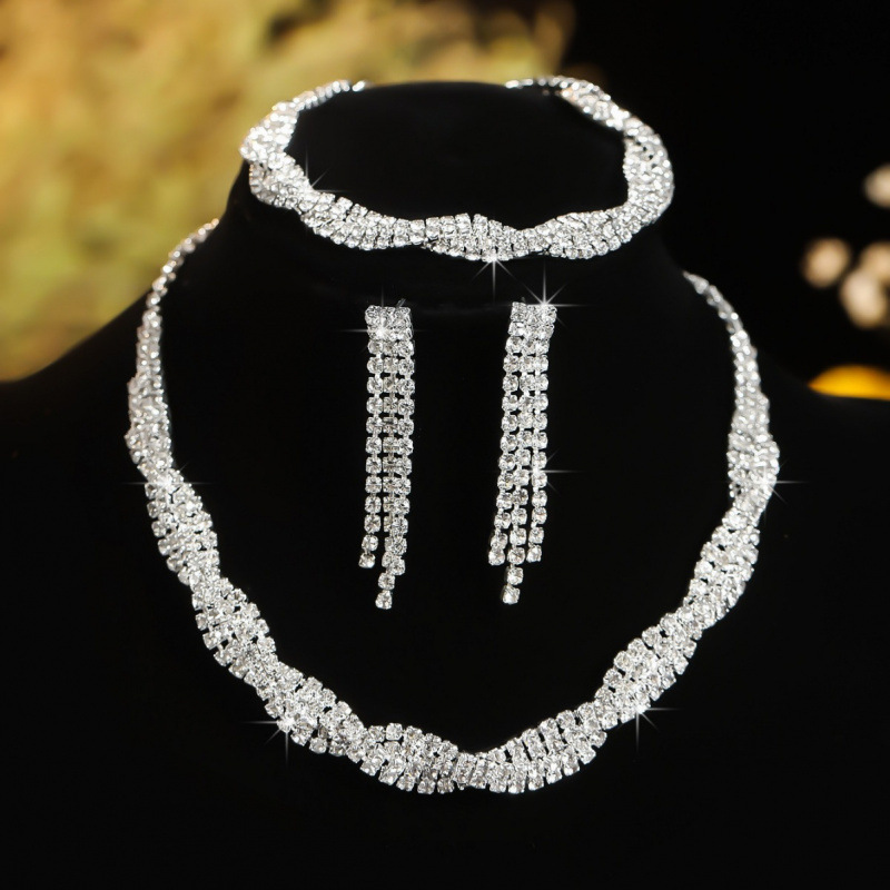 Moda venda quente cheio de diamante enrolamento torção três peças conjunto nupcial casamento brincos colar pulseira conjunto_voghion.com
