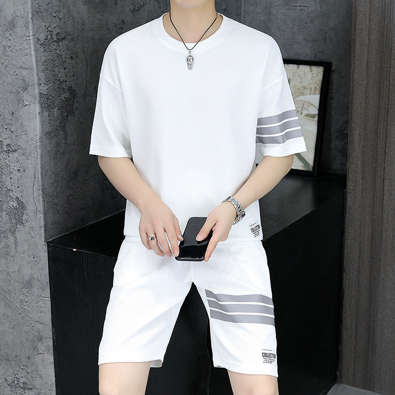 Waffle traje de camiseta de manga corta para hombre 2024 verano de tres barras pantalones cortos casuales de manga corta de dos piezas al por mayor
