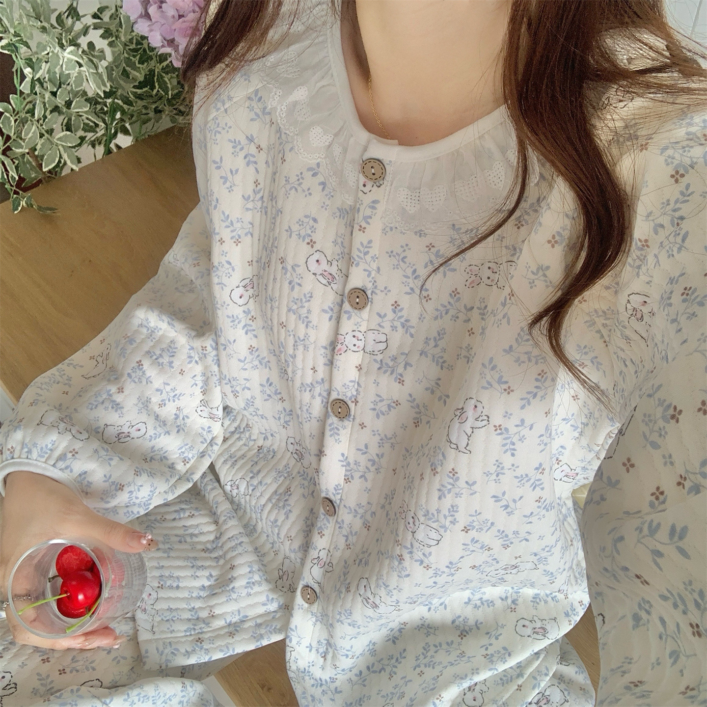 韩版甜美蕾丝碎花兔子睡衣女秋冬季空气棉加厚保暖夹层家居服套装