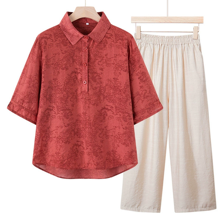 2024 Летний новый костюм мамы жаккардовый отворот топ набор средней и старшей модной рубашки бабушки набор из двух частей