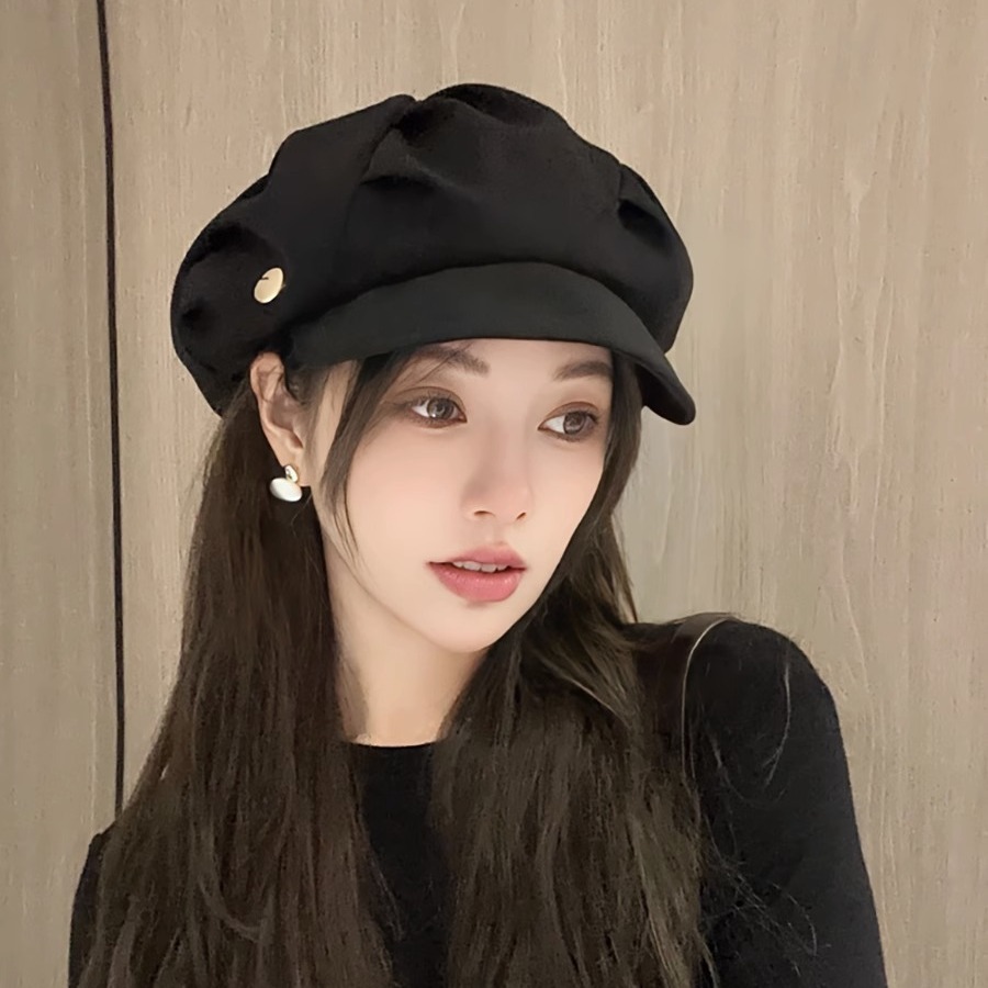 Pleated Cloud For Women 2024 Korean Style Octagonal Hat Large Head Circumference Face Slimming Fashionable Unique Beret_voghion.com