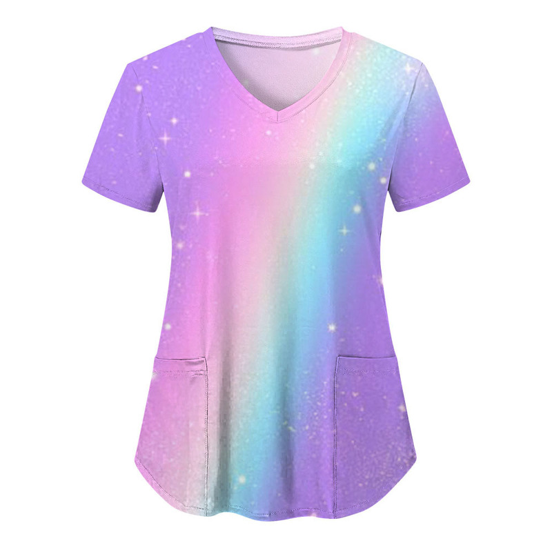 2025 Europe and the United States cross-border new nursing clothes women's spring short sleeve V-neck printed pocket T-shirt factory direct supply