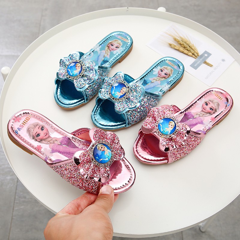 Princess Elsa Slippers Girls Summer Fashion Children's Crystal Sandals Indoor Home Soft Sole Frozen Shoes
