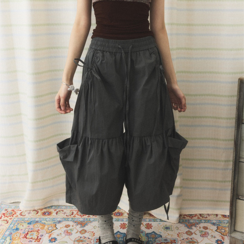 Cross-Border American Retro Drawstring Pleated Workwear Cropped Pants for Women, New Summer Style with Large Pockets, Wide-Leg Casual Pants