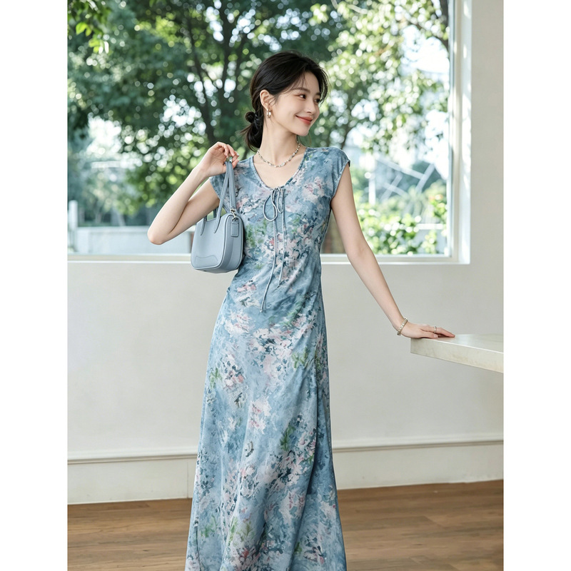 100% Mulberry Silk Gradient Print Silk Dress for Women 2026 French Resort Style Elegant Waist-Cinching Summer Long Dress