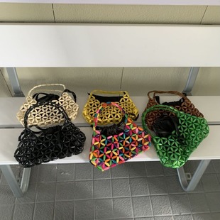 ins Korean style hollow-out portable woven bag Japanese and Korean dumplings wooden beads beaded bag niche handmade finished underarm bag